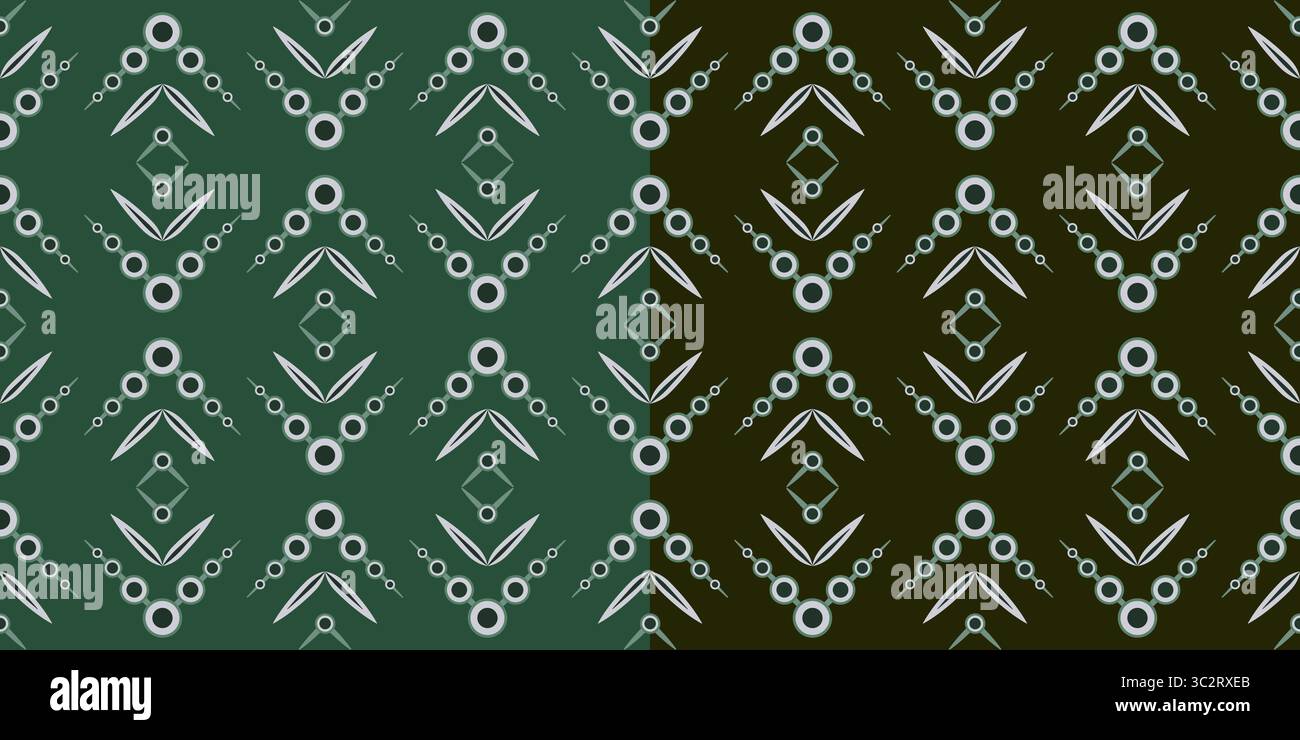 Dark abstract ethnic seamless pattern. Black circle and curved lines. Geometric linear elements. Complex square monochrome shapes on dark green backgr Stock Vector