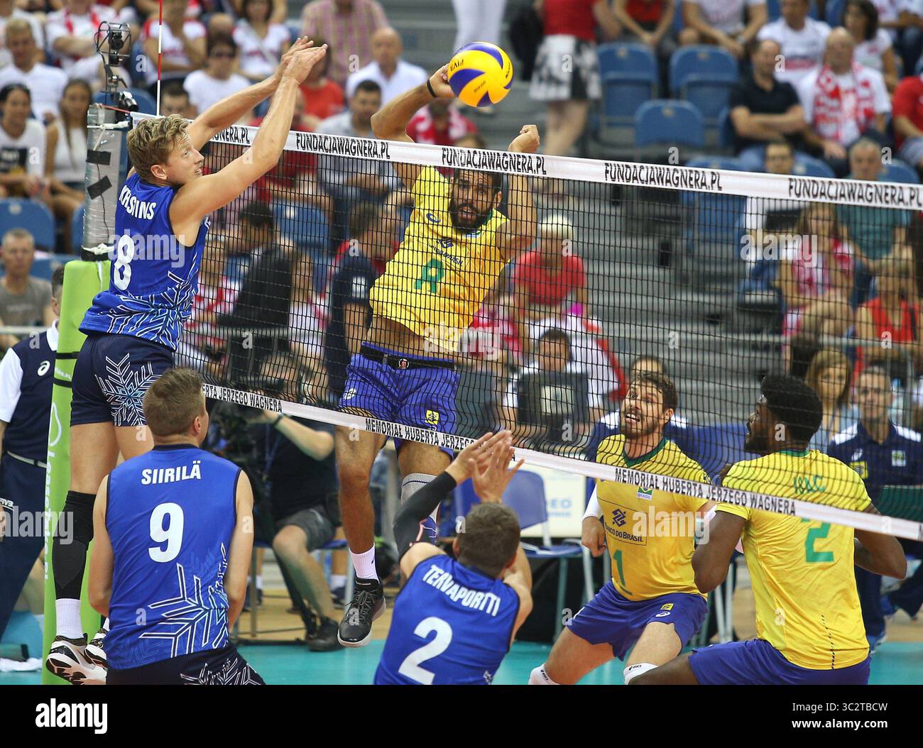 August 1, 2019, Krakow, Poland: Wallace Leonardo se Souza and Elviss Krastins seen in action during the match between Brazil and Finland...Hubert Wagner Memorial is a volleyball friendly tournament played with the participation of national teams in order to commemorate the outstanding Polish volleyball trainer. (Credit Image: © Damian Klamka/ZUMA Wire) Stock Photo