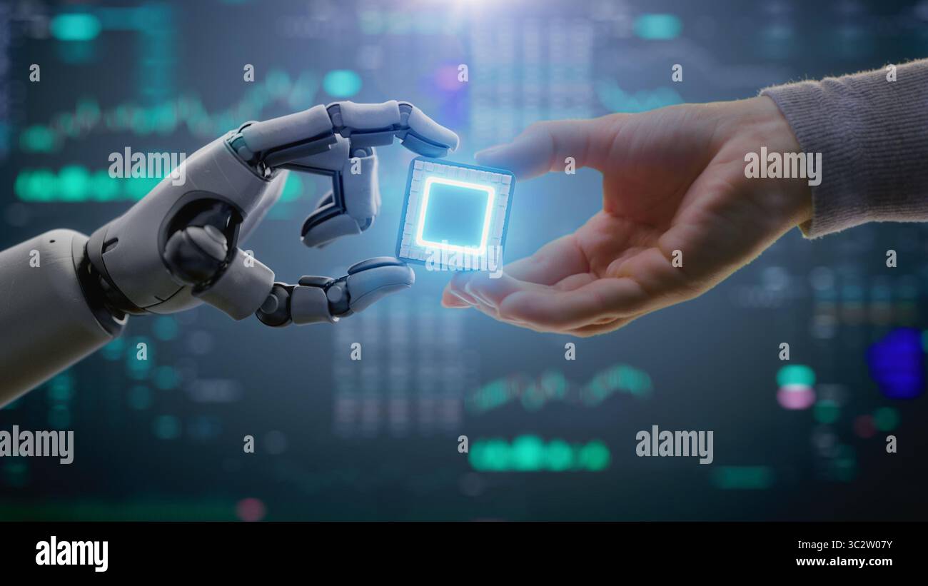 Futuristic Concept of Humanity and Artificial Intelligence Collaboration: Visualization of Human Giving Computer Microchip for Data Processing to Humanoid Robot. Symbol of Human-Machine Teamwork. Stock Photo
