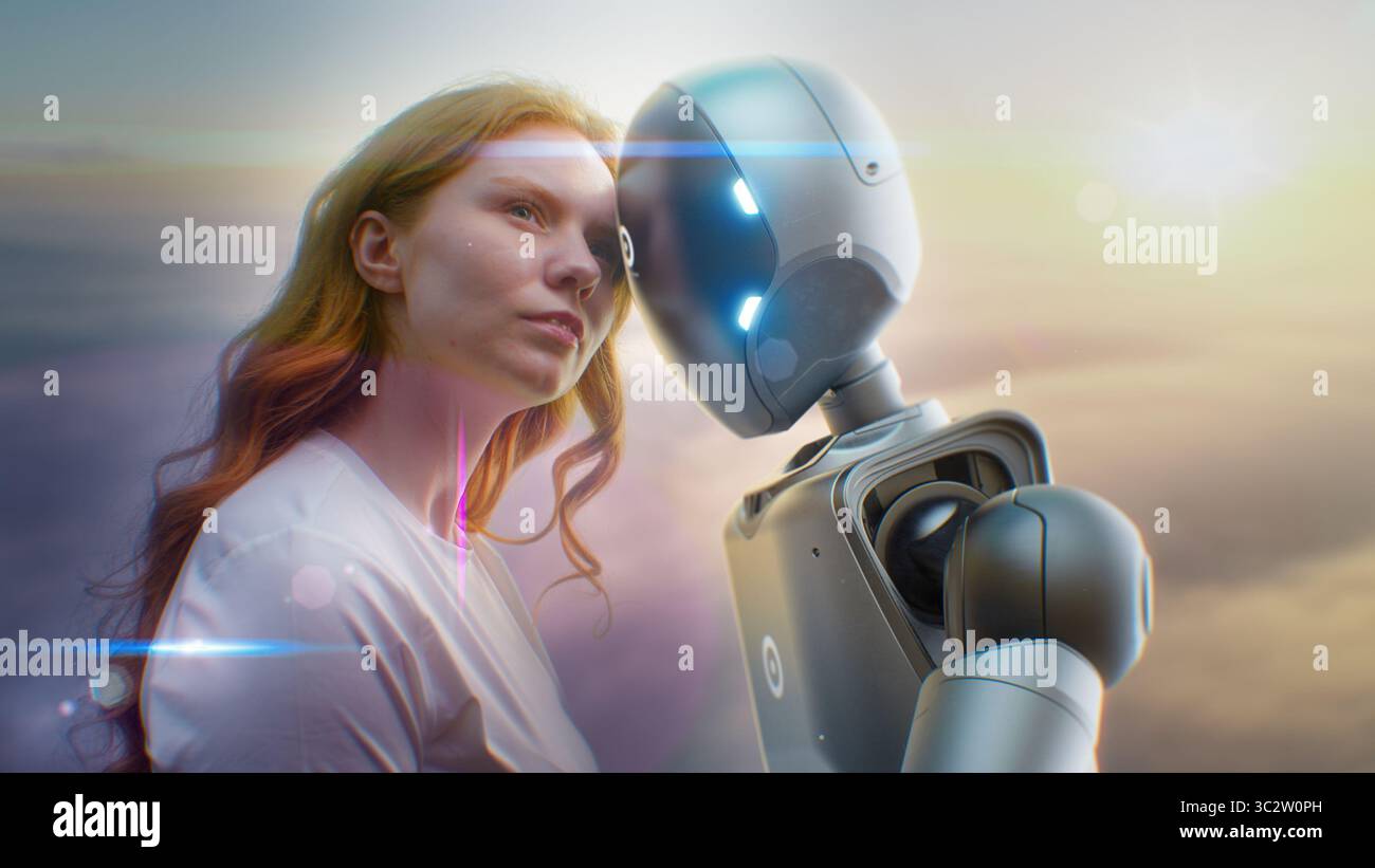 Futuristic Human-Machine Concept: Visualization of Young Woman Gently Touching Foreheads with Humanoid Robot at Sunset. Symbol of Love, Connection, Harmony Between Humanity and Artificial Intelligence Stock Photo