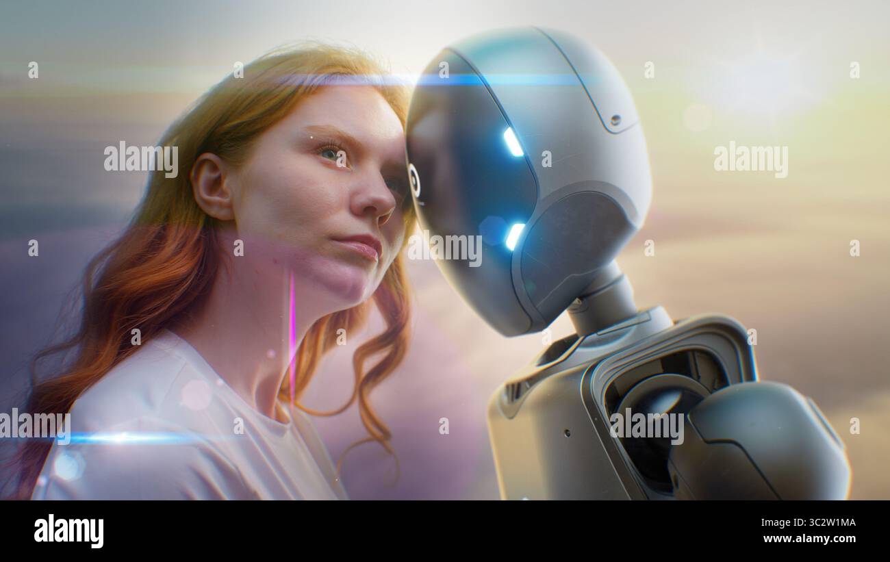 Futuristic Human-Machine Concept: Visualization of Young Woman Gently Touching Foreheads with Humanoid Robot at Sunset. Symbol of Love, Connection, Harmony Between Humanity and Artificial Intelligence Stock Photo