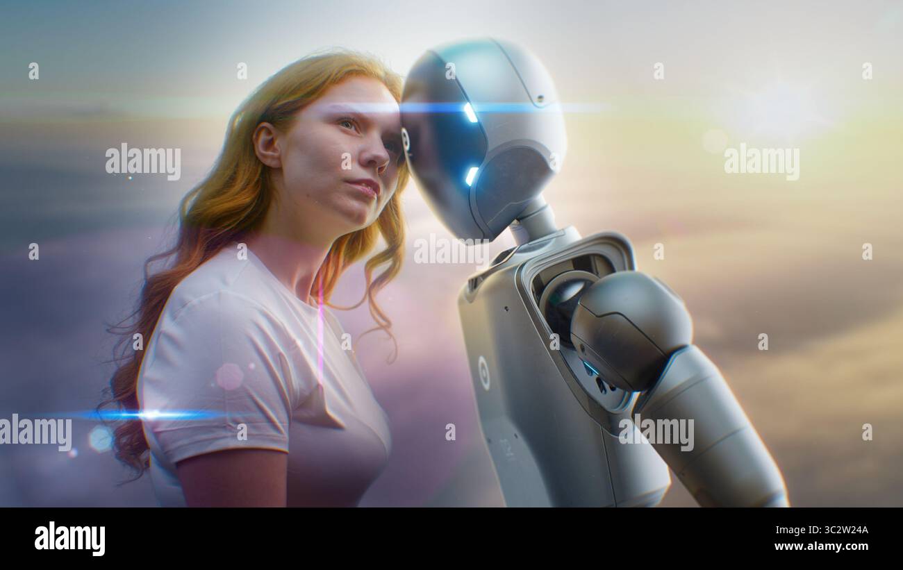 Futuristic Human-Machine Concept: Visualization of Young Woman Gently Touching Foreheads with Humanoid Robot at Sunset. Symbol of Love, Connection, Harmony Between Humanity and Artificial Intelligence Stock Photo