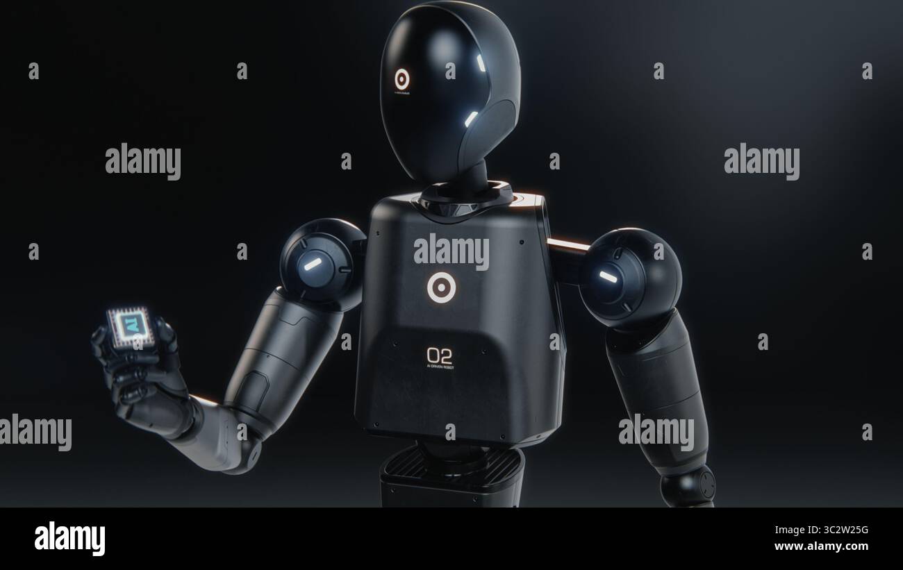 Visualization of High-Tech Humanoid Robot Holding Computer Microchip for Data Information Processing. Motherboard CPU Processor with AI Symbol. Futuristic Artificial Intelligence Technology Concept. Stock Photo