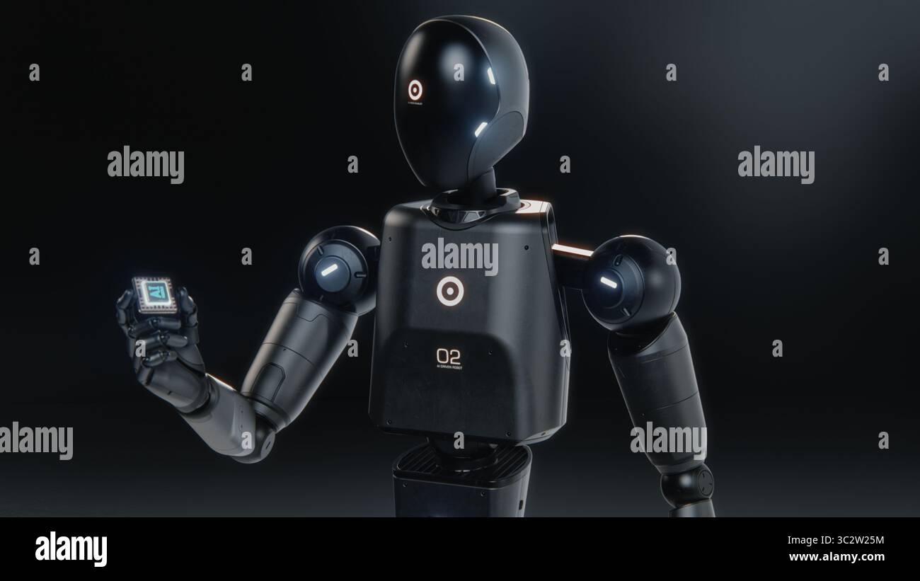 Artificial Intelligence Future Digitalization Concept: Visualization of Advanced Humanoid Robot Holding Motherboard CPU Processor with AI Symbol. Computer Microchip for Data Information Processing. Stock Photo