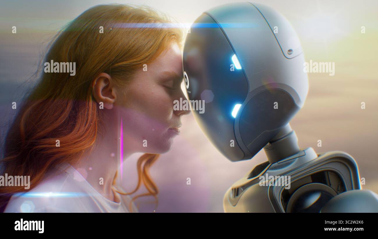 Futuristic Human-Machine Concept: Visualization of Young Woman Gently Touching Foreheads with Humanoid Robot at Sunset. Symbol of Love, Connection, Harmony Between Humanity and Artificial Intelligence Stock Photo