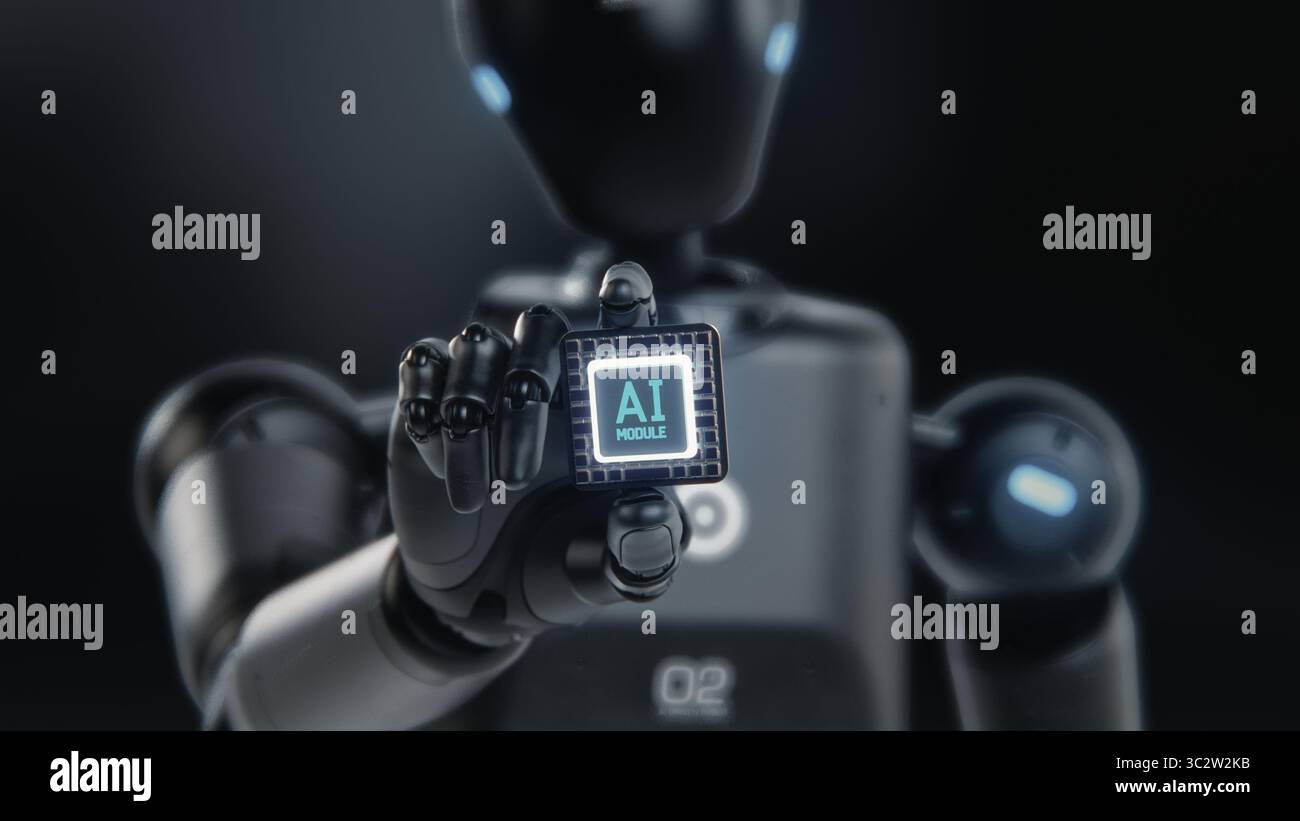 Artificial Intelligence Future Digitalization Concept: Visualization of Advanced Humanoid Robot Holding Motherboard CPU Processor with AI Symbol. Computer Microchip for Data Information Processing. Stock Photo