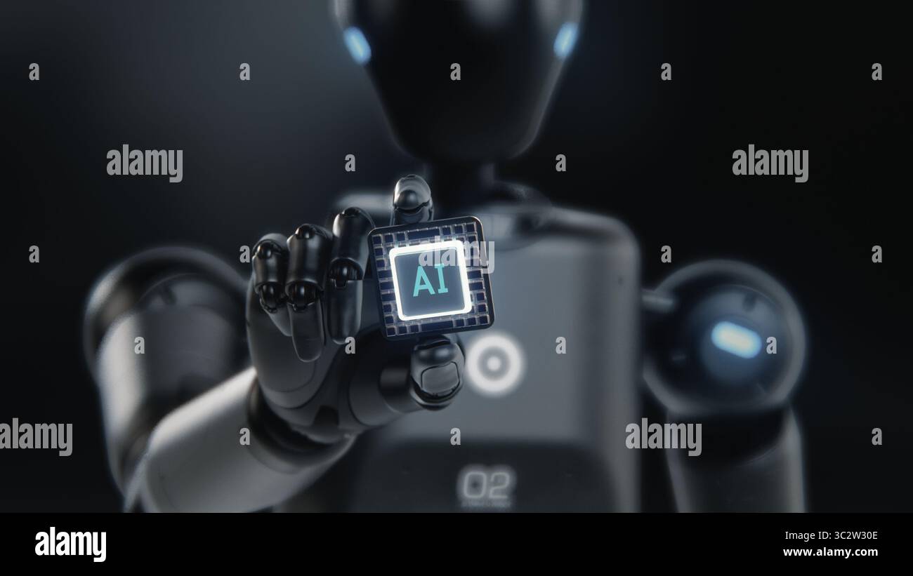 Visualization of High-Tech Humanoid Robot Holding Computer Microchip for Data Information Processing. Motherboard CPU Processor with AI Symbol. Futuristic Artificial Intelligence Technology Concept. Stock Photo