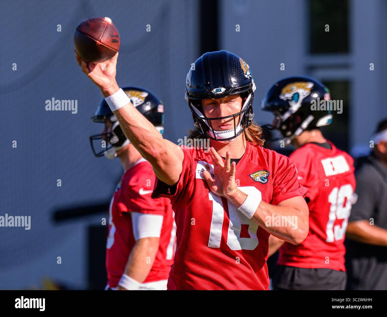 Trevor Romeo July 24, 2025: Jaguars quarterback Trevor Lawrence (16) during training ...