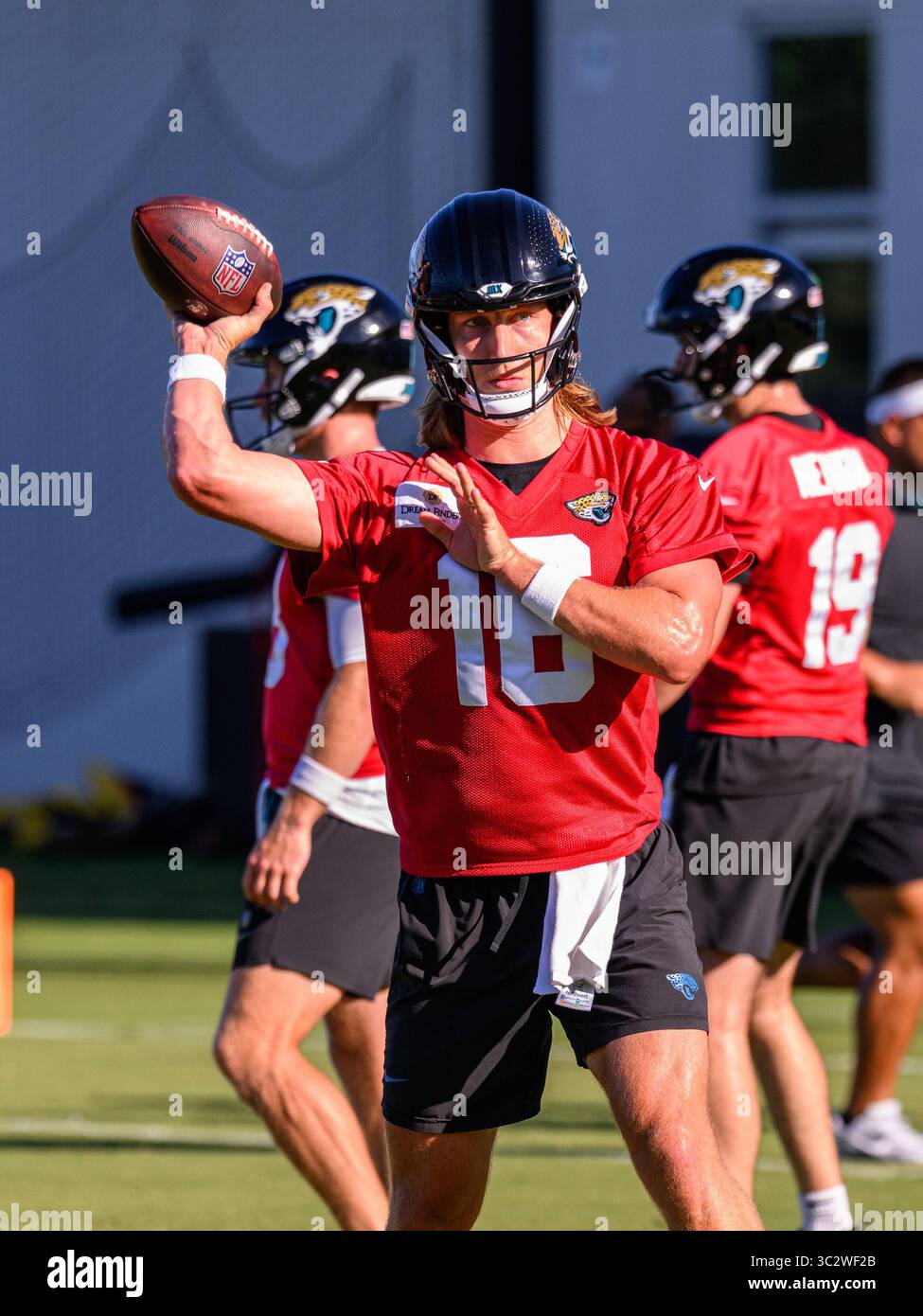 Trevor Romeo July 24, 2025: Jaguars quarterback Trevor Lawrence (16) during training ...