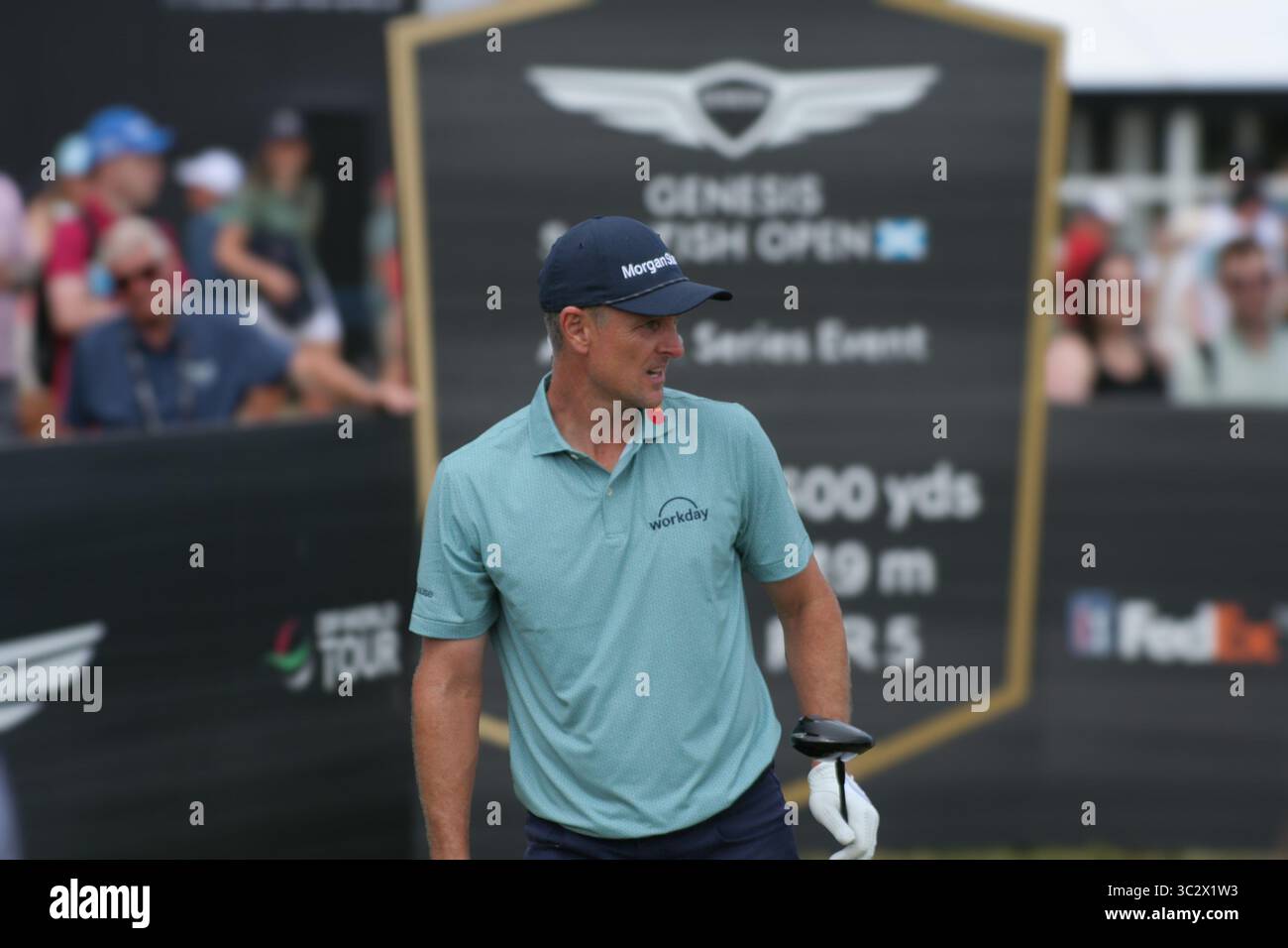 North Berwick Scotland, July 13th 2025, Genesis Scottish Open Justin Rose watches his ball flight down the fairway Stock Photo