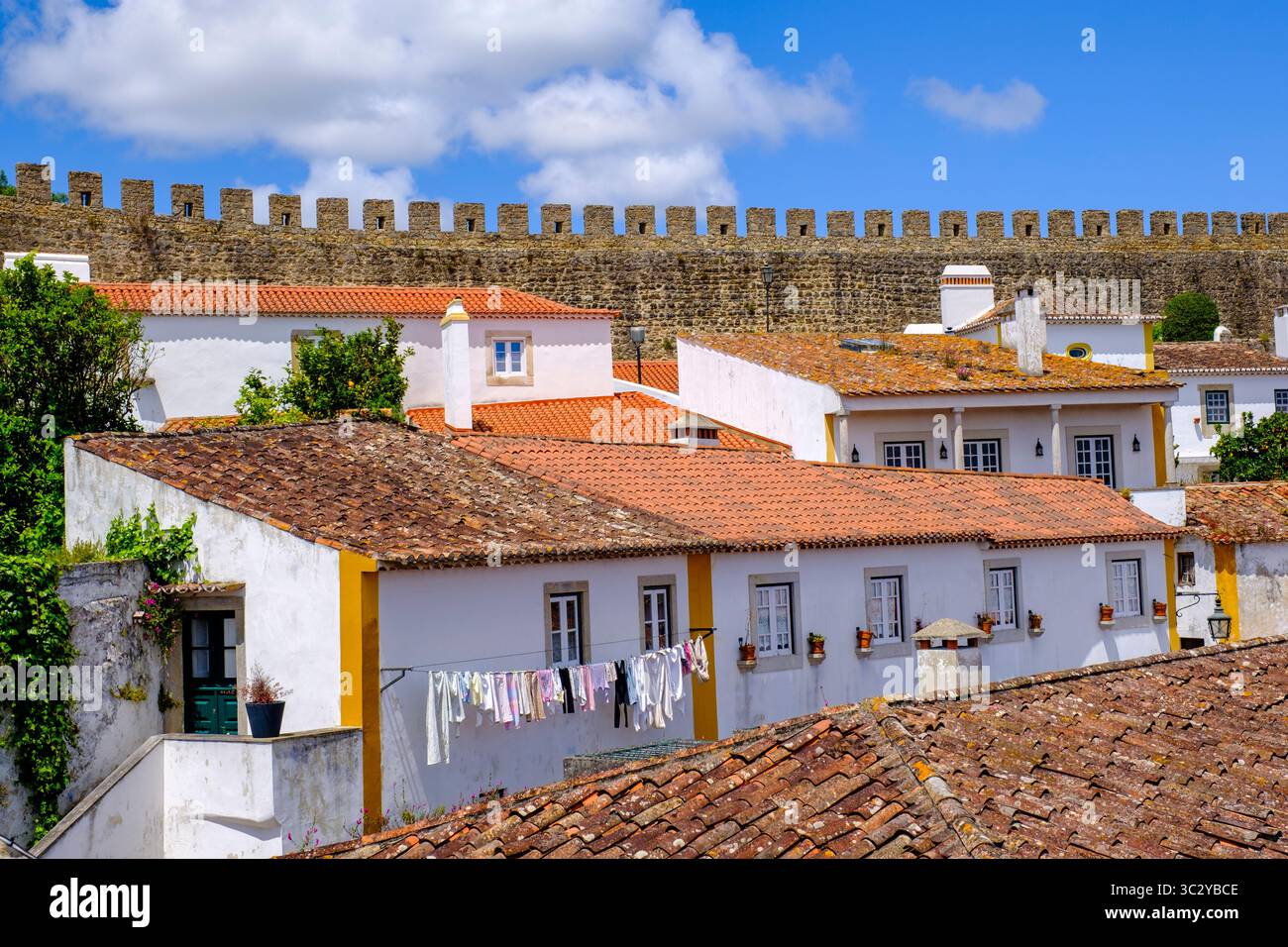 Medieval town of Óbidos, village houses and castle walls, Portugal Stock Photo