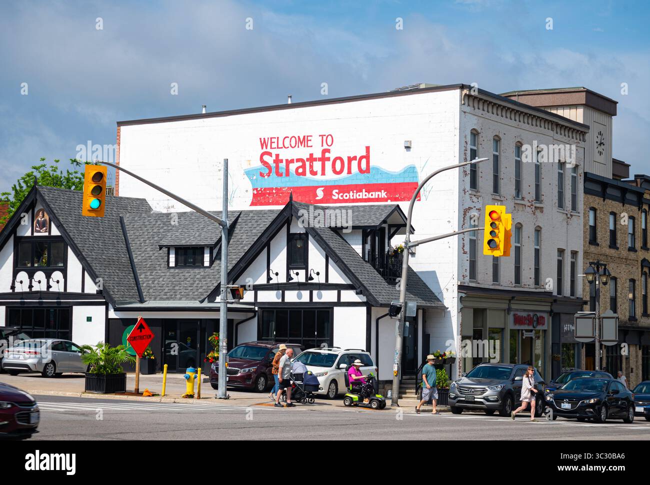 Welcome to Stratford sign on the side of a Tudor-styled building in the downtown district of this town modeled after Stratford-upon-Avon in England. Stock Photo