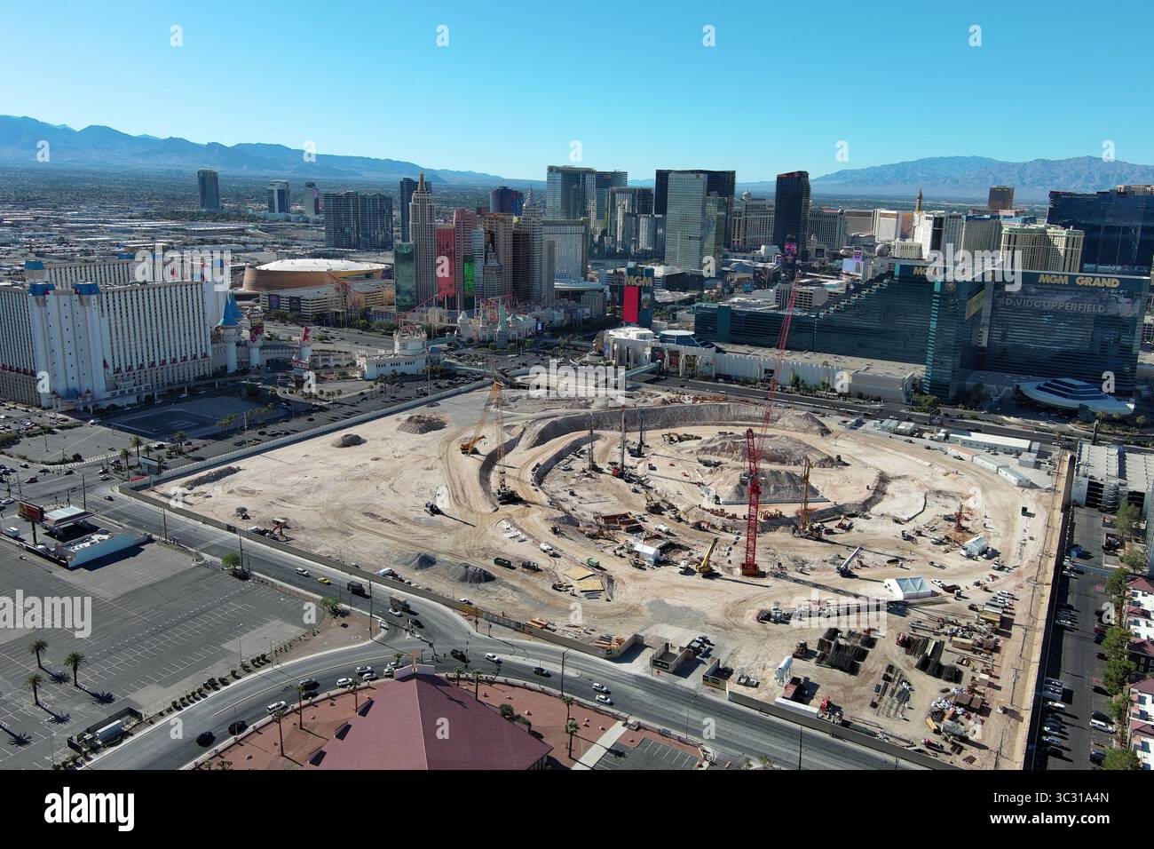An aerial view of the construction site of New Las Vegas Stadium, the