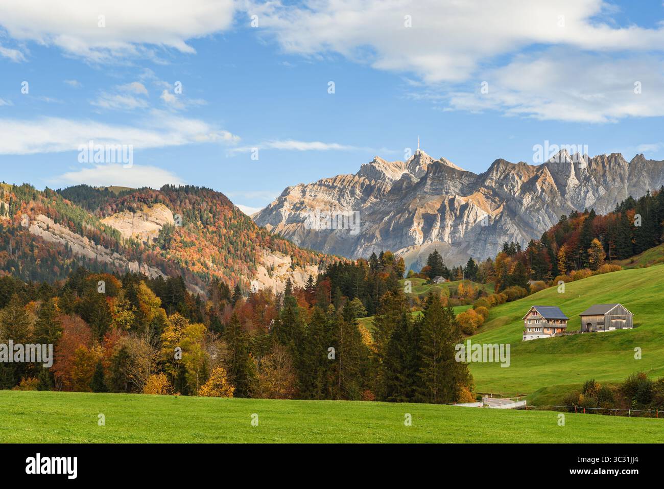 View Of The Saentis Mountain Alpstein Range Ennetbuehl Toggenburg 