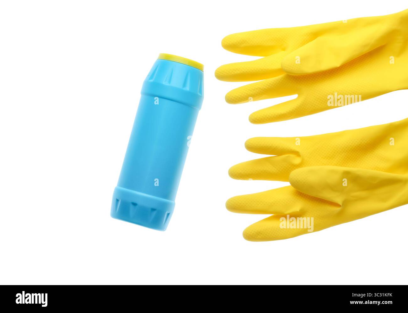 Yellow rubber gloves for cleaning, bottle of detergent isolated on ...