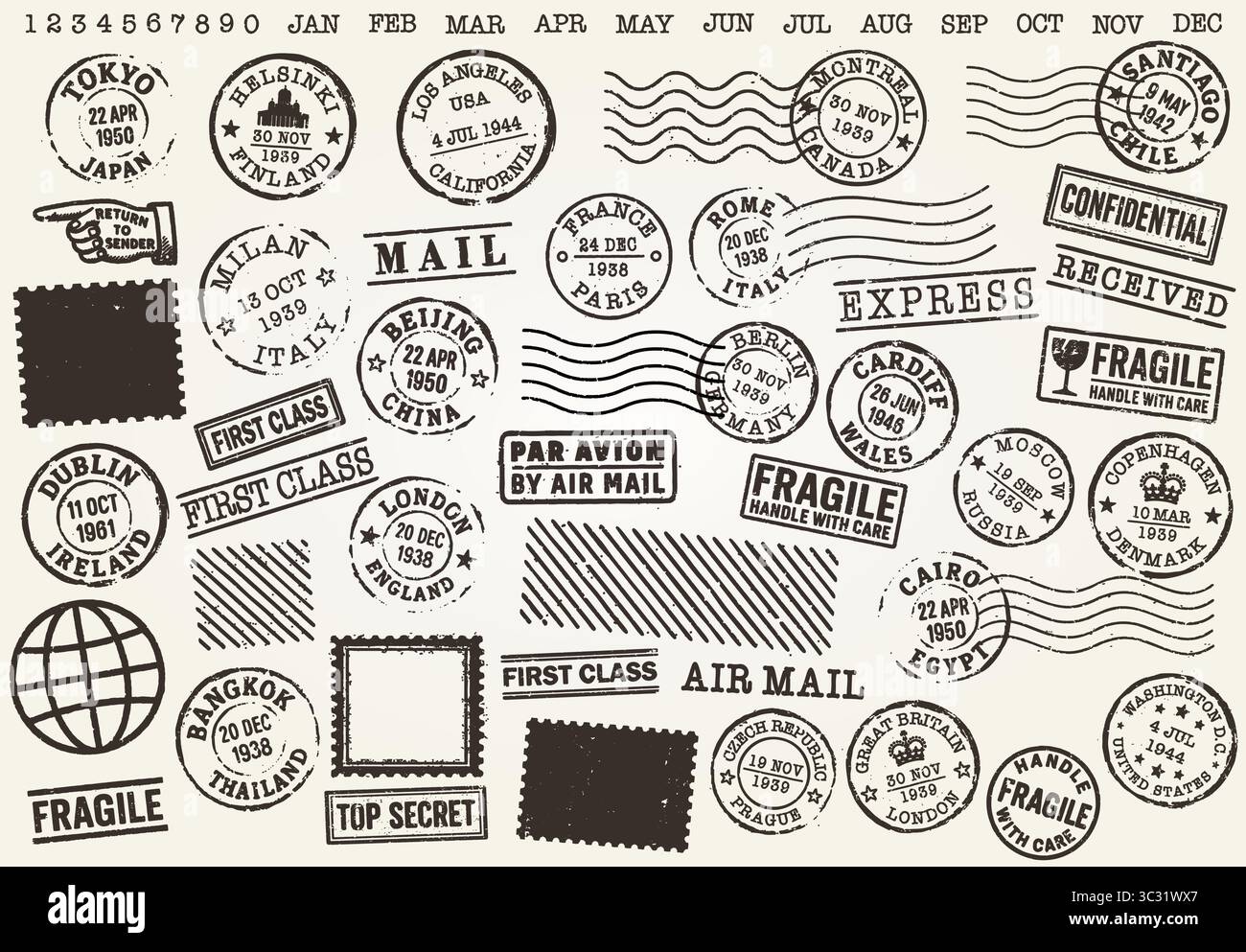 Postmark Old Vintage Travel Stamps grunge postage stamp set. Old destination Post ...