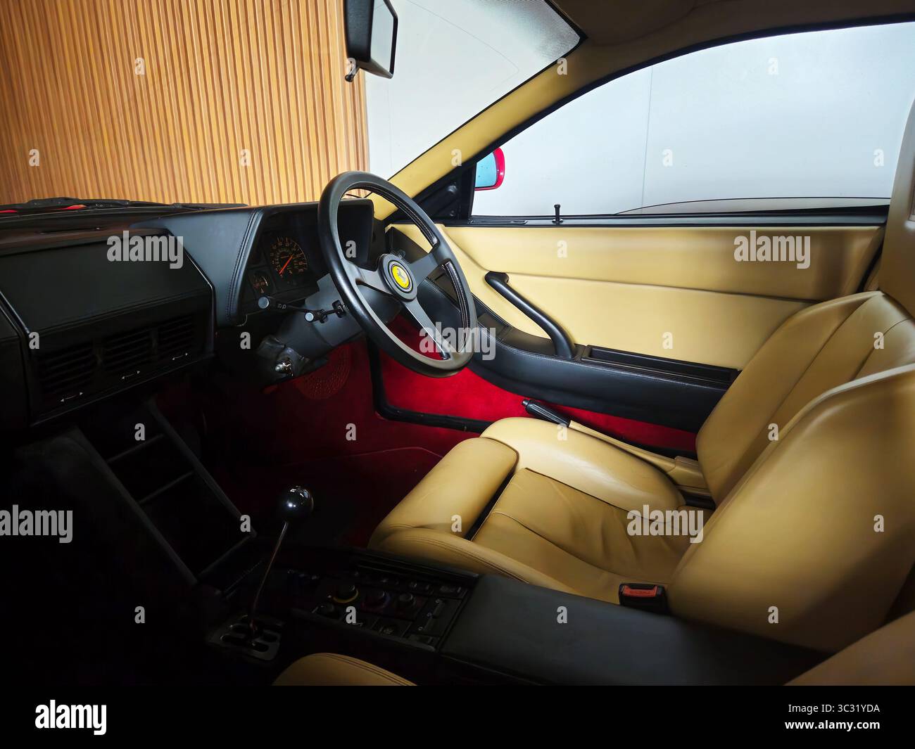 Ferrari Testarossa Gated-Shifter Tan Leather Interior Right-Hand-Drive Classic Supercar Stock Photo