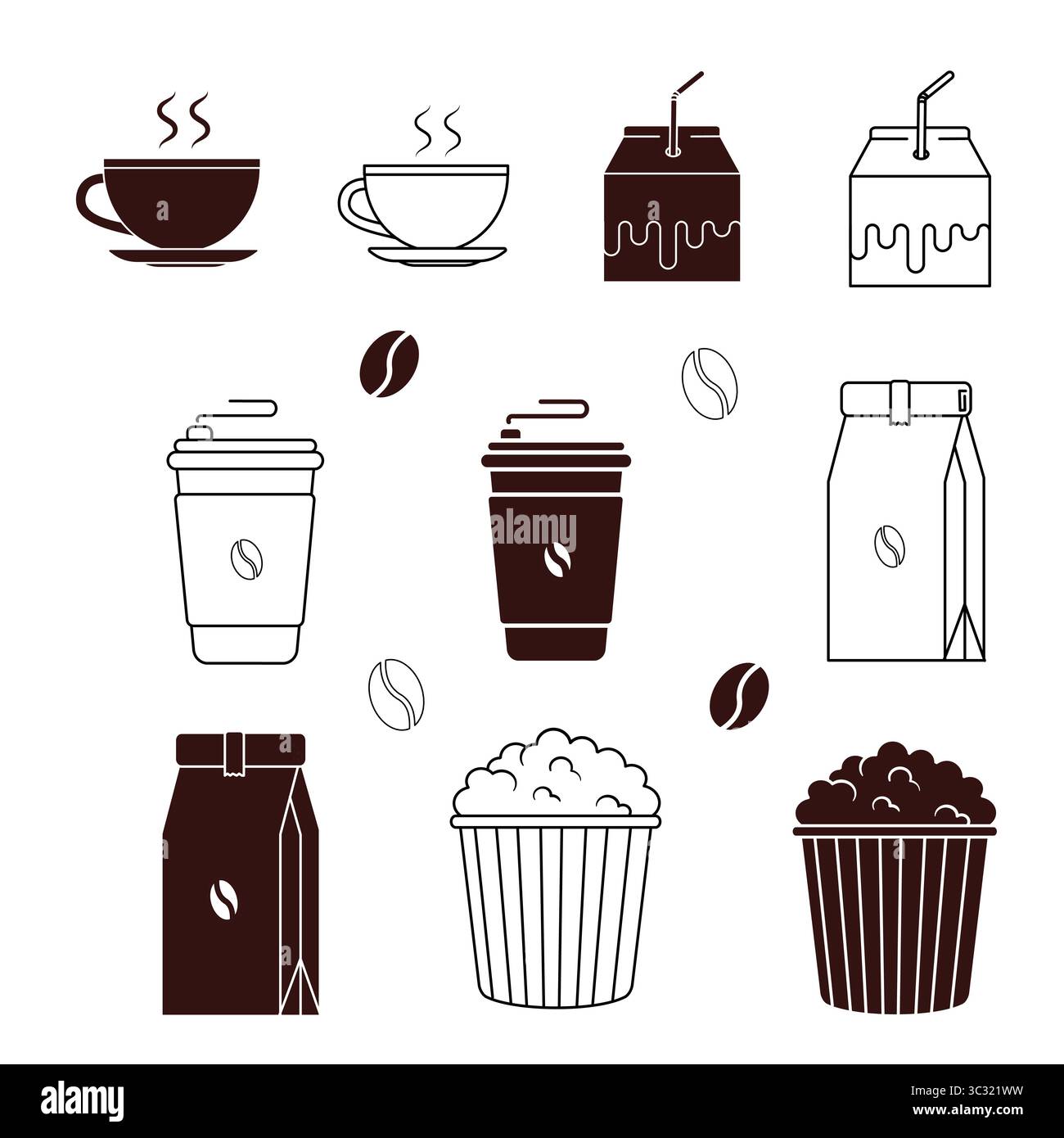 Set Of Bundle Icon Hot Cup Coffee, Paper Bag Coffee, Milk and Popcorn in Outline and Silhouette Style Vector Stock Vector