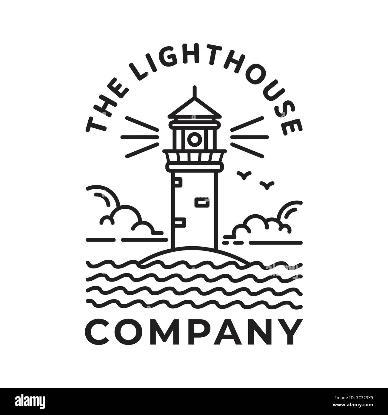 Minimalist lighthouse illustration with waves and birds logo Stock ...