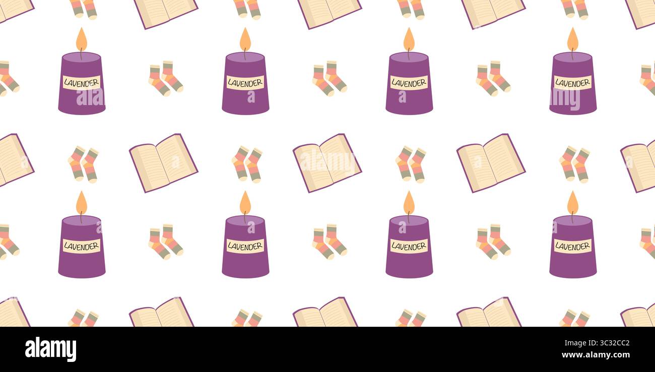 Autumn pattern with cozy items like books, candle Stock Vector