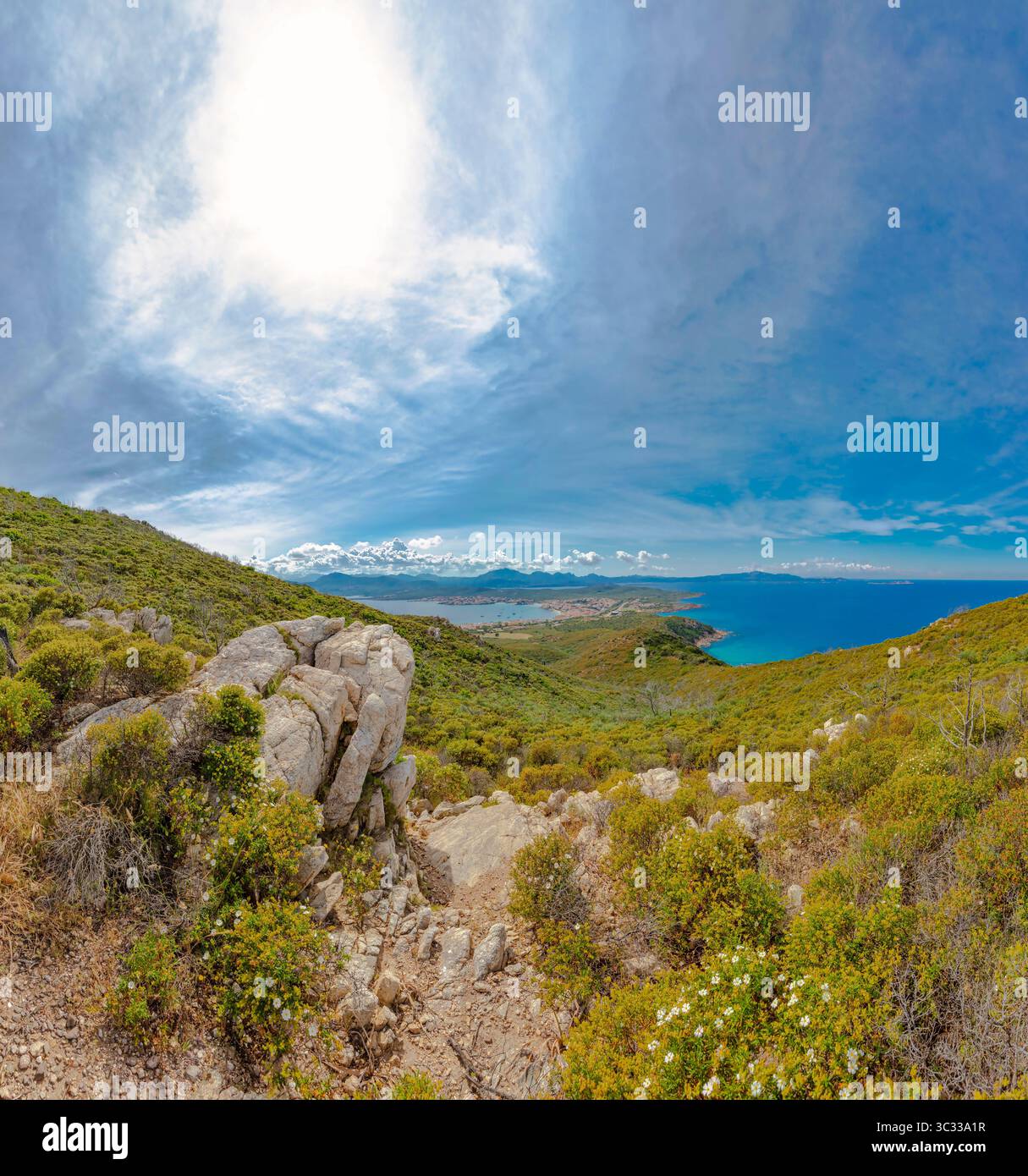 Views over the Gulf of Aranci and the Mediterranean Sea from Monte Ruju Stock Photo