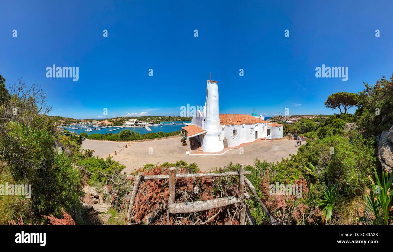 The Stella Maris church in the Smeralda Coast architectural style, views over the marina Stock Photo
