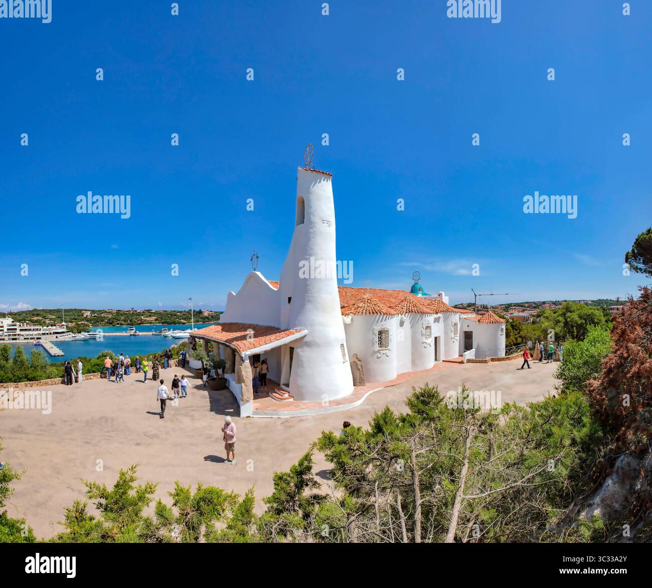 The Stella Maris church in the Smeralda Coast architectural style, views over the marina Stock Photo