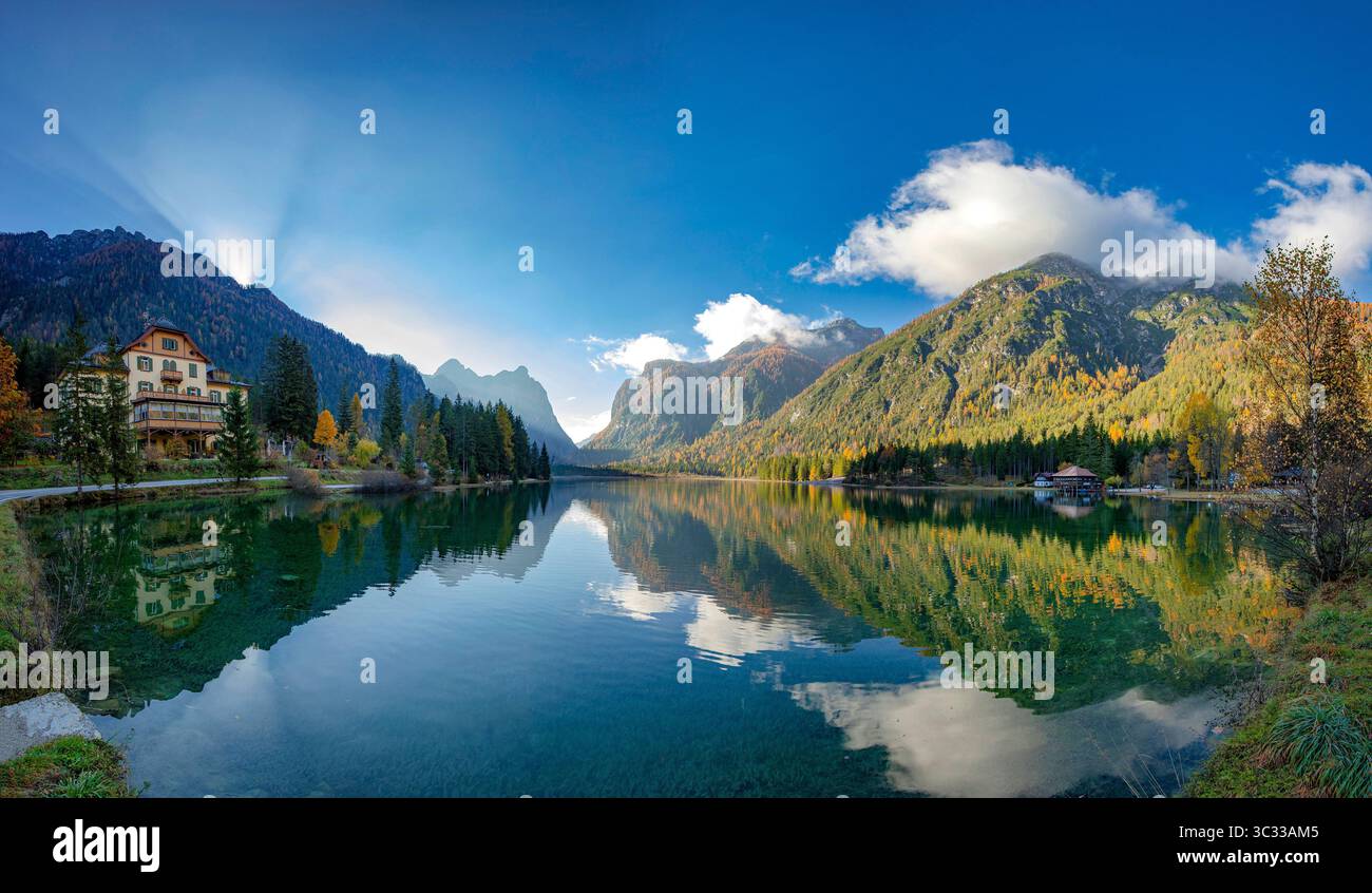 Perfect reflection in the water of Lake Toblachersee Stock Photo