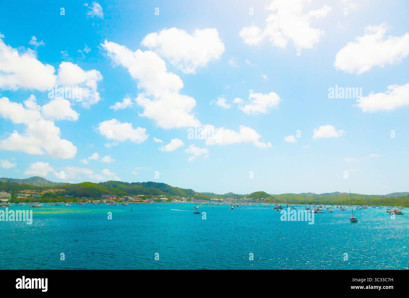Sailing yachts are anchored in the bay of the island of Martinique in ...