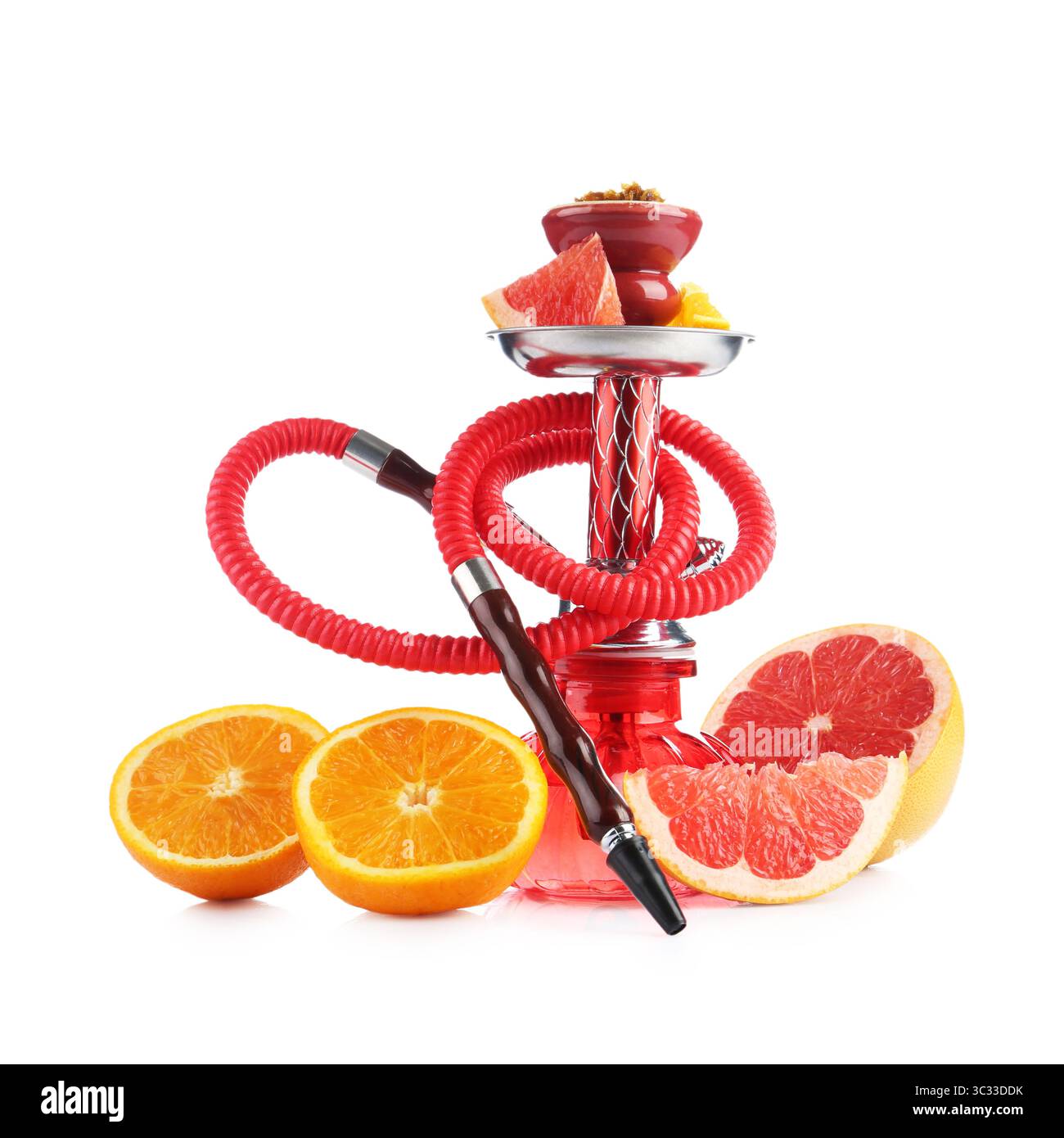 Hookah with different fruits isolated on white Stock Photo