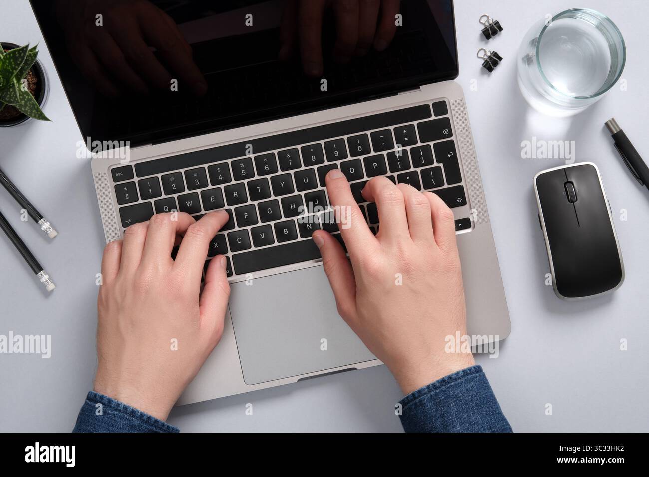 Men's hands typing on a laptop keyboard. Desktop with a plant ...
