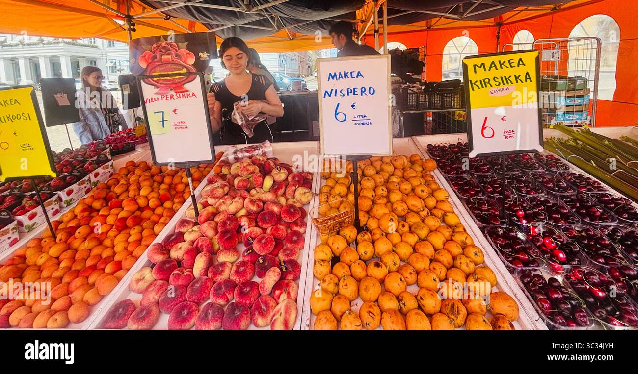 A fruit vendor at the harborside Kauppatori market in Helsinki, Finland. - Smartphone Captured Stock Image
