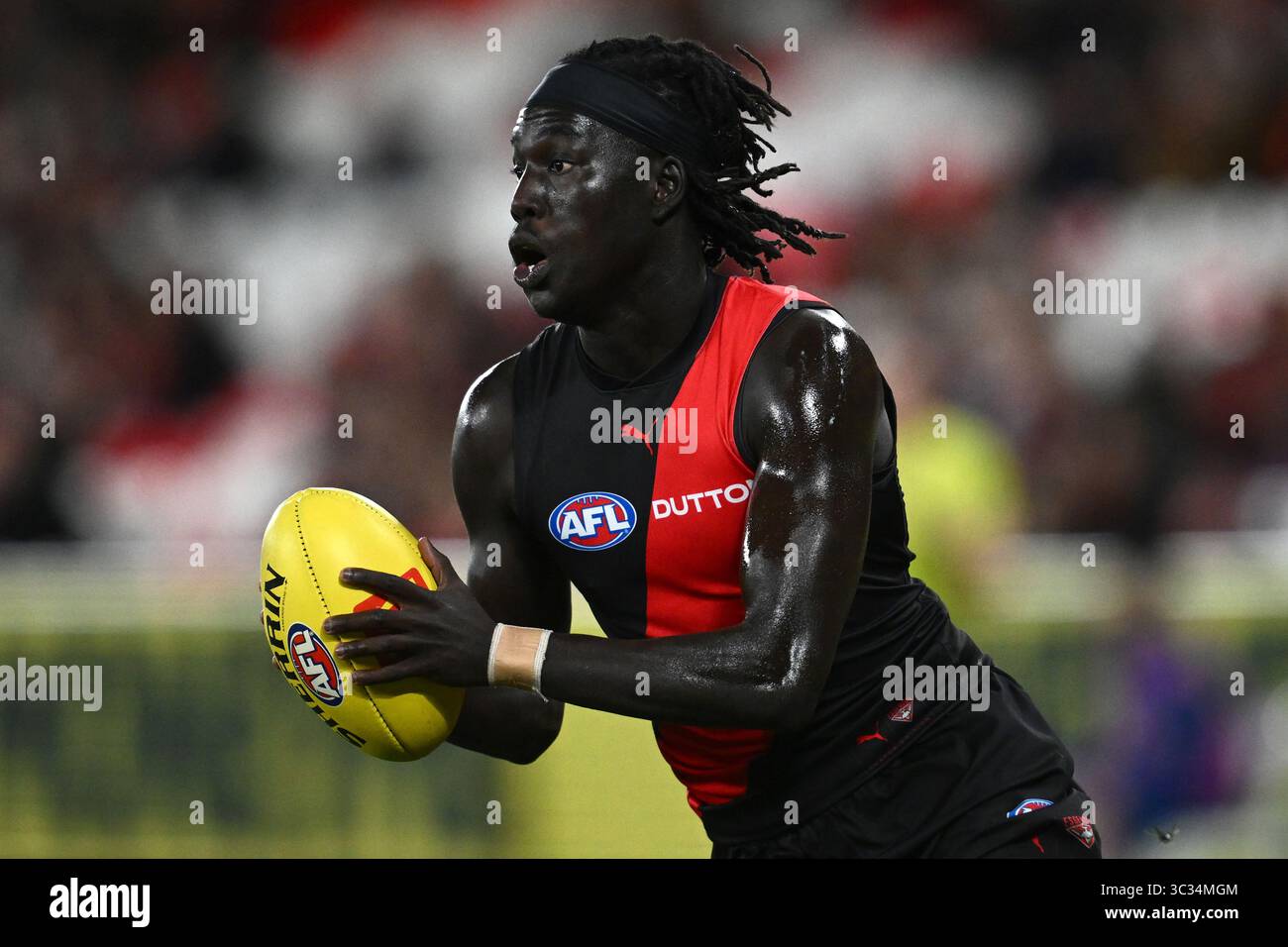 Luamon Lual of the Bombers during the AFL Round 20 match between the ...