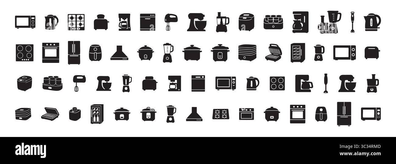 Black silhouettes of kitchen appliances icons set on white background. concept of cooking tools, household electronics, kitchen devices, culinary equi Stock Vector