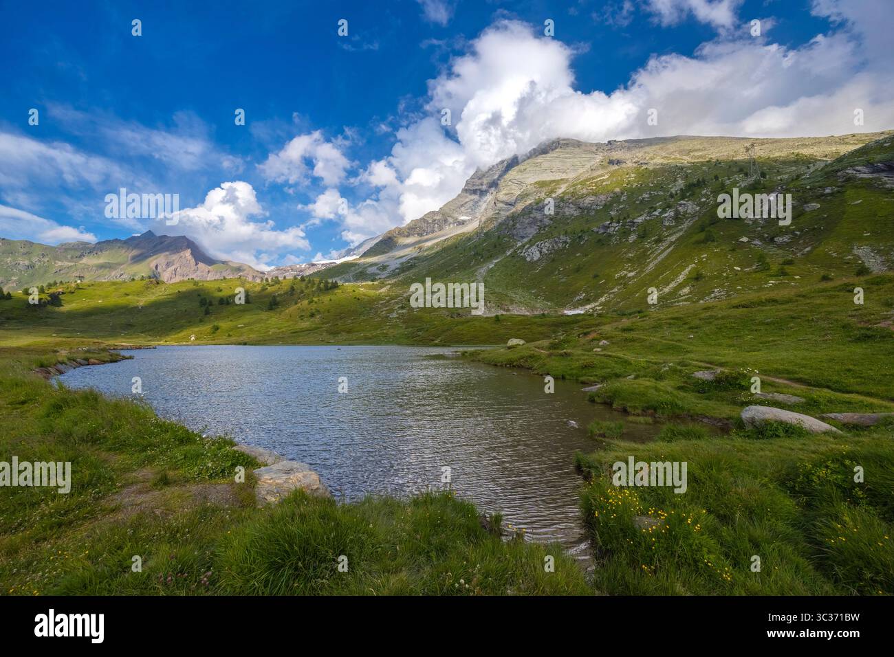 View of the Rotelsee lake at the top of the Simplon pass in summer. Simplonpass, Canton of Valais, Switzerland. Stock Photo