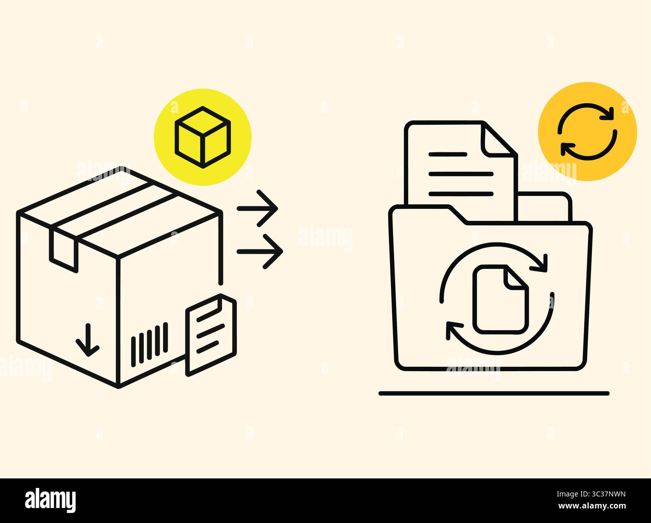 Logistics Delivery and File Sync Icon Set Package Box, Document Transfer, and Folder Update Vector Stock Vector