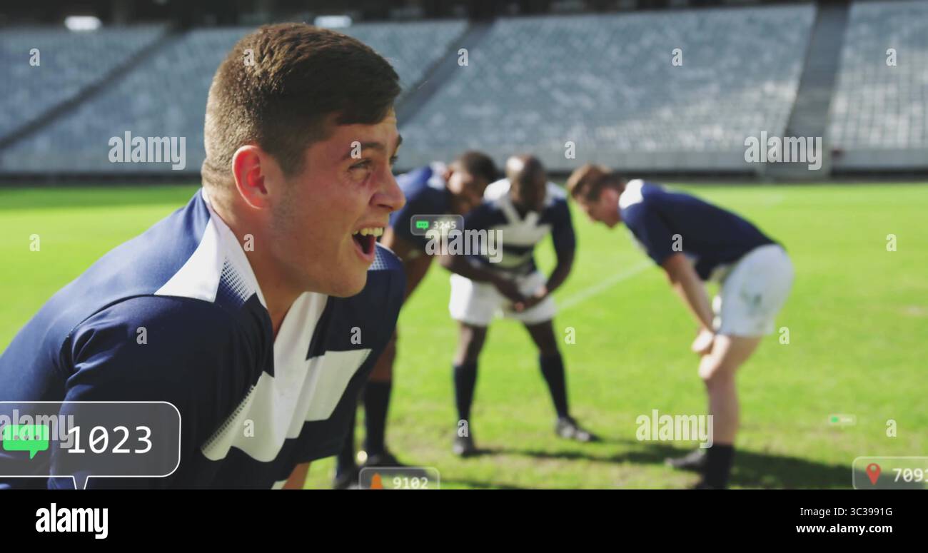 Catching breath Hispanic rugby player bending forward on stadium field ...