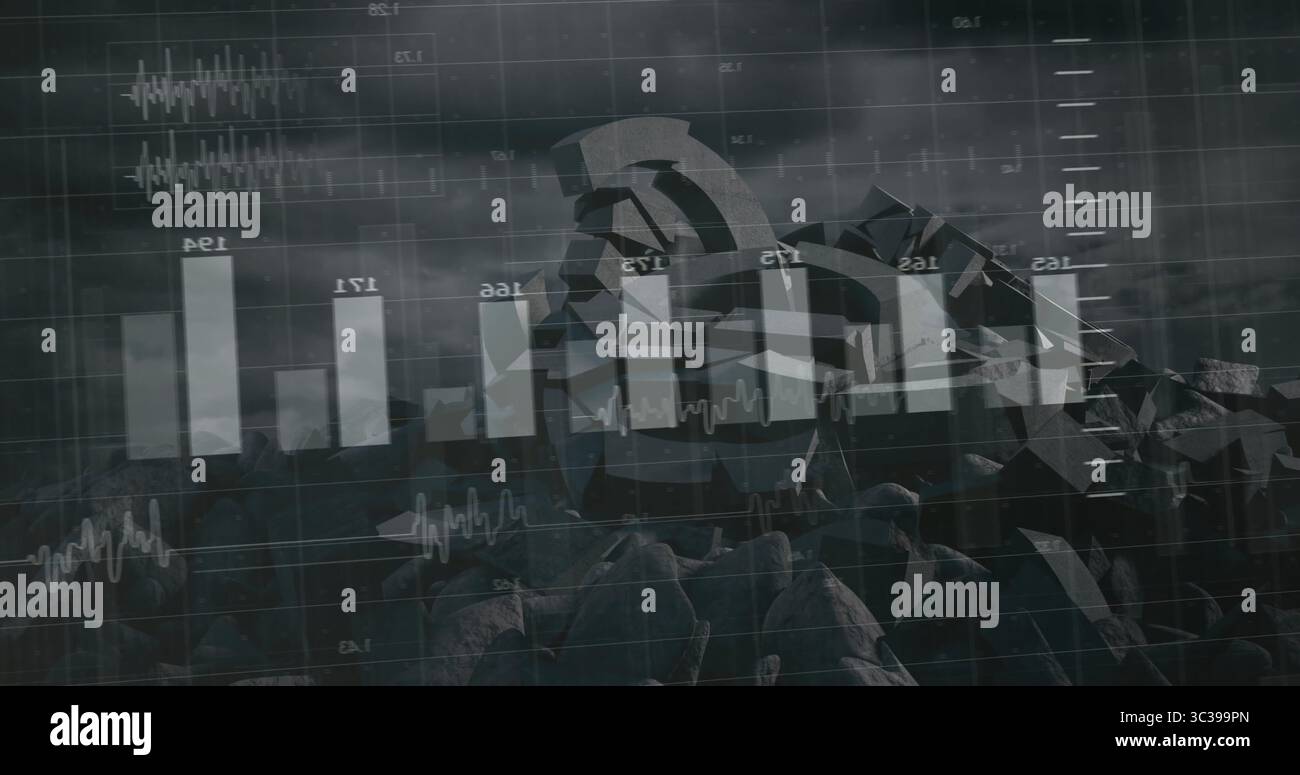 Displaying shattered gears on rubble in digital grid interface, with bar charts and line graphs Stock Photo