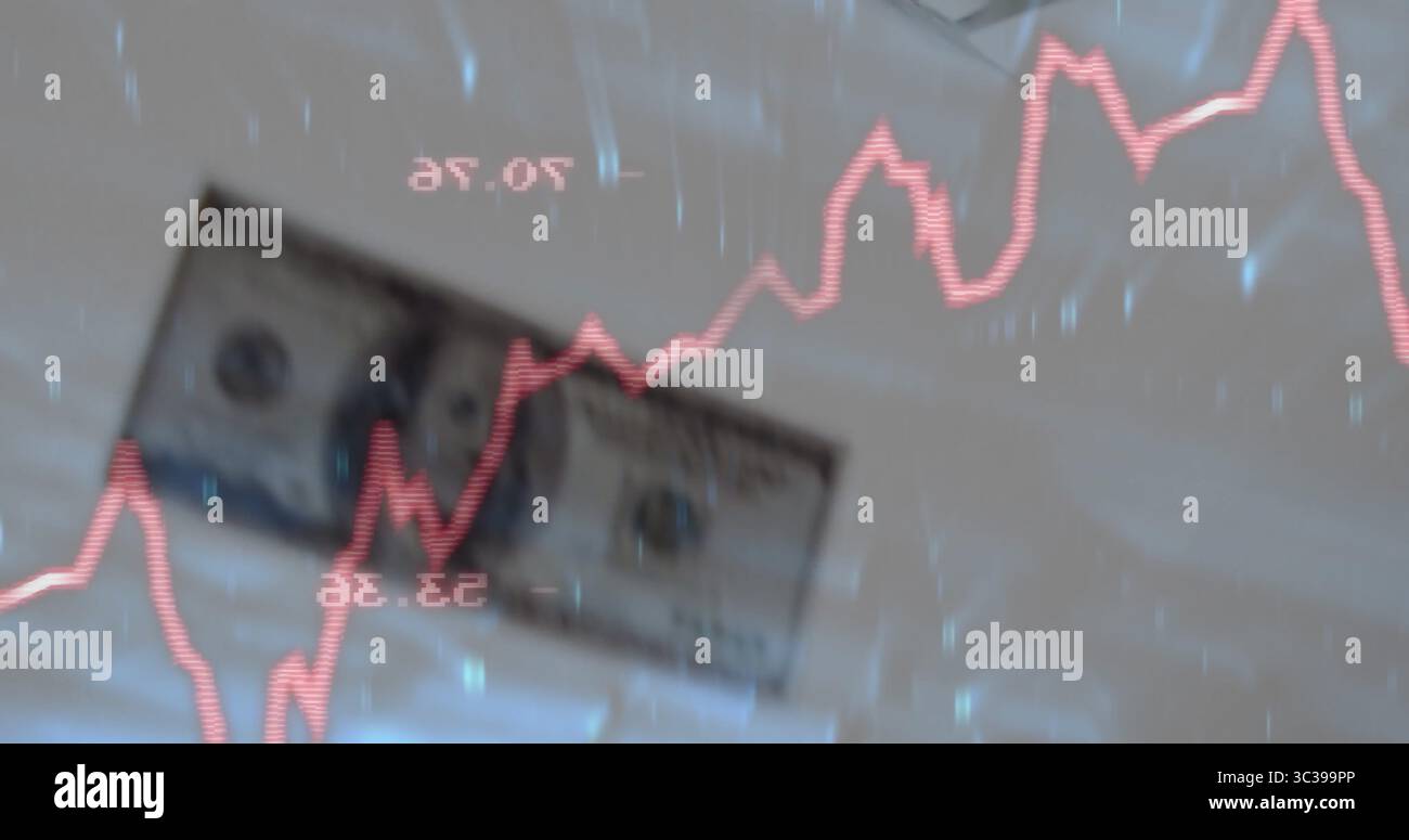 Displaying US dollar bill under red fluctuating line graph on data dashboard, with numeric labels Stock Photo