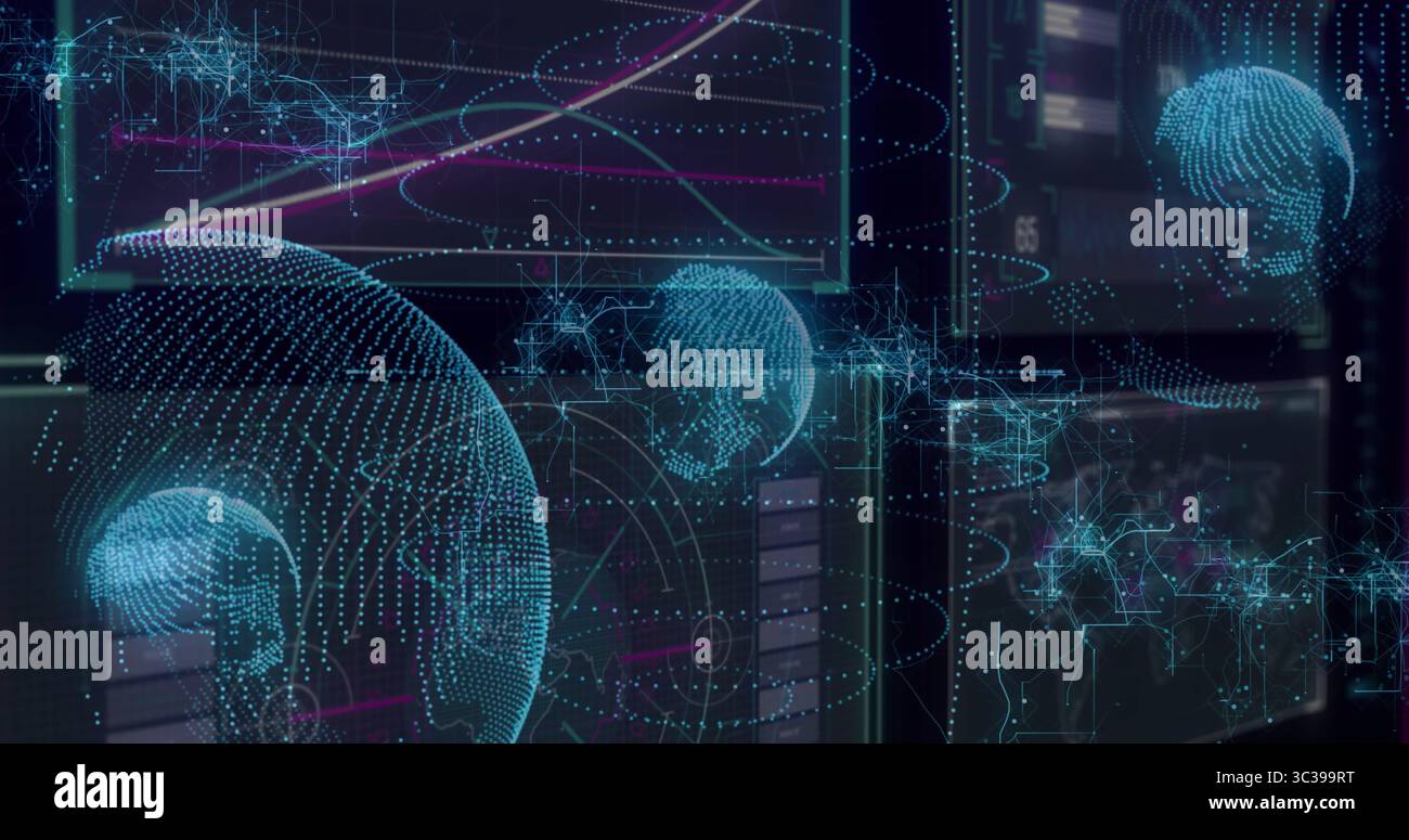 Displaying large 3D globe floating in tech interface, orbiting rings and connectors, copy space Stock Photo