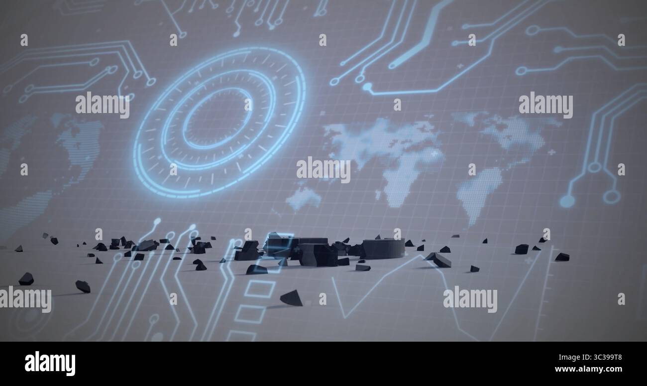 Displaying holographic interface hovering over grid in virtual simulation, with digital map overlay Stock Photo