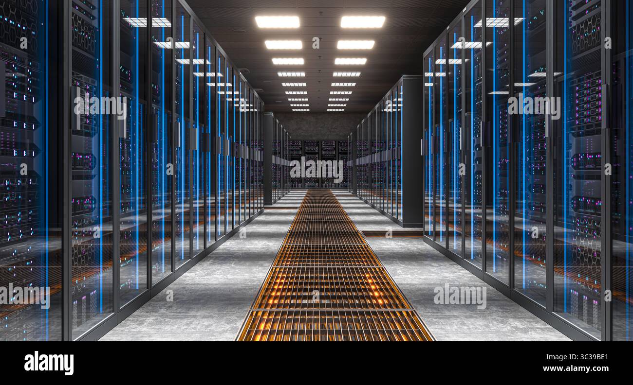 Network servers in data center blue glowing lights 3d Stock Photo