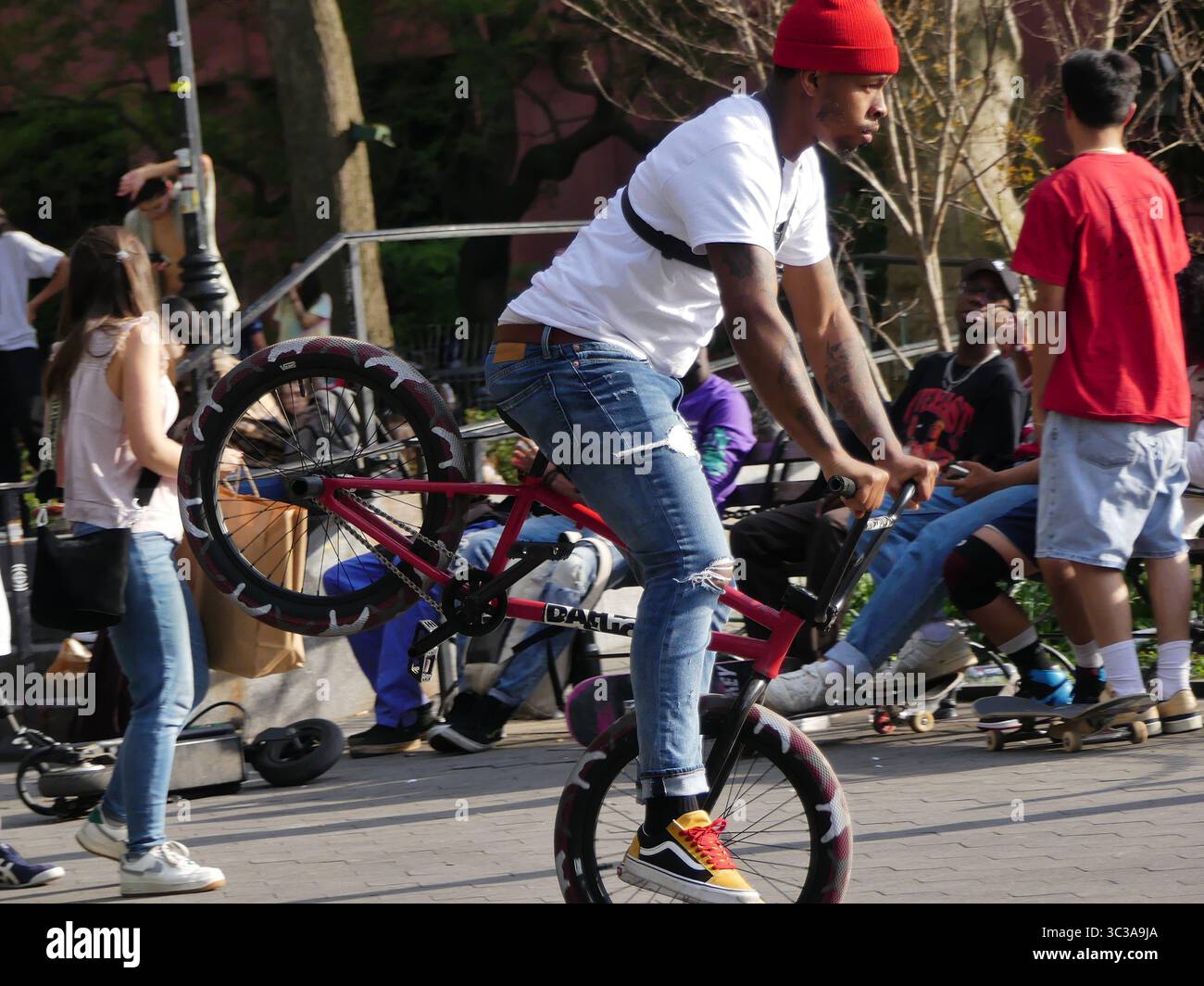 May 2, 2021, New York, New York, USA: BMX is a diverse and inclusive form of cycling, encompassing coastal cultures, urban stunt riding, and rural competition in a single concept. Starting in 1969 with Schwinn, the sport refined and expanded its riding options to include the 29-inch bike life cruisers beloved in Brooklyn. (Credit Image: © John Marshall Mantel/ZUMA Wire) Stock Photo