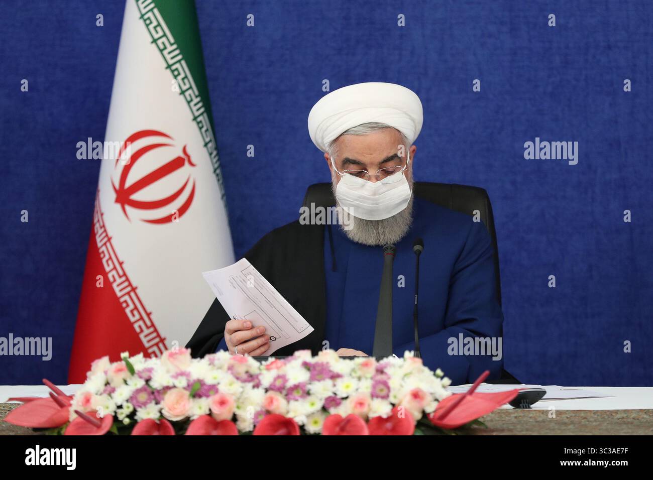 April 29, 2021, Tehran, Iran: Iranian President HASSAN ROUHANI speaks as he attends the opening ceremony of projects at the Hormozgan, Mazandaran, and Khuzestan provinces via video conference. (Credit Image: © Iranian Presidency/ZUMA Wire) Stock Photo