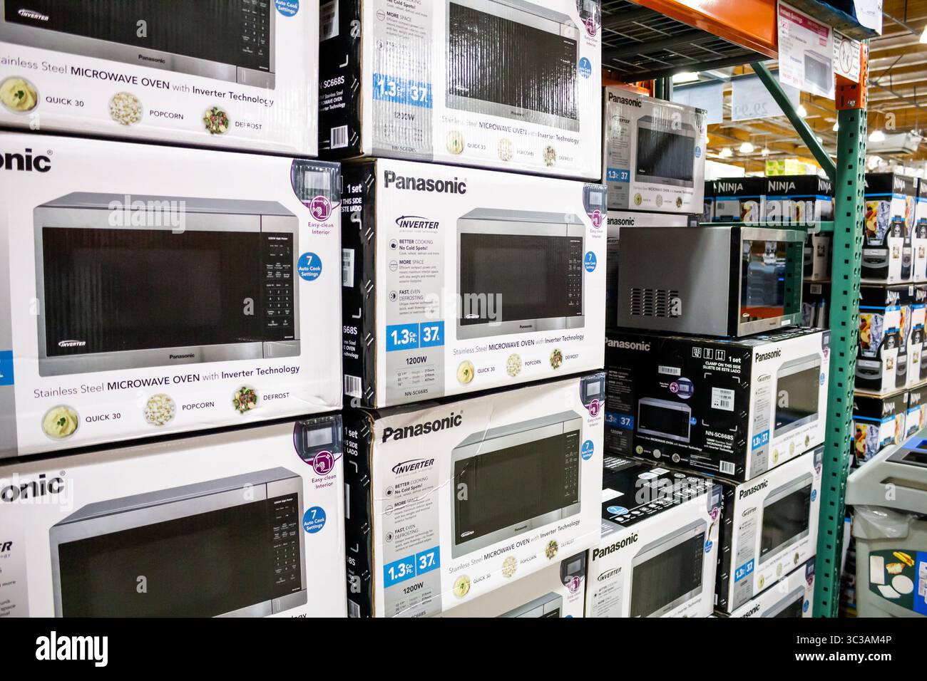 Los Angeles, California, United States - 01-31-2020: A view of several boxes of Panasonic Inverter microwaves, at the store. Stock Photo