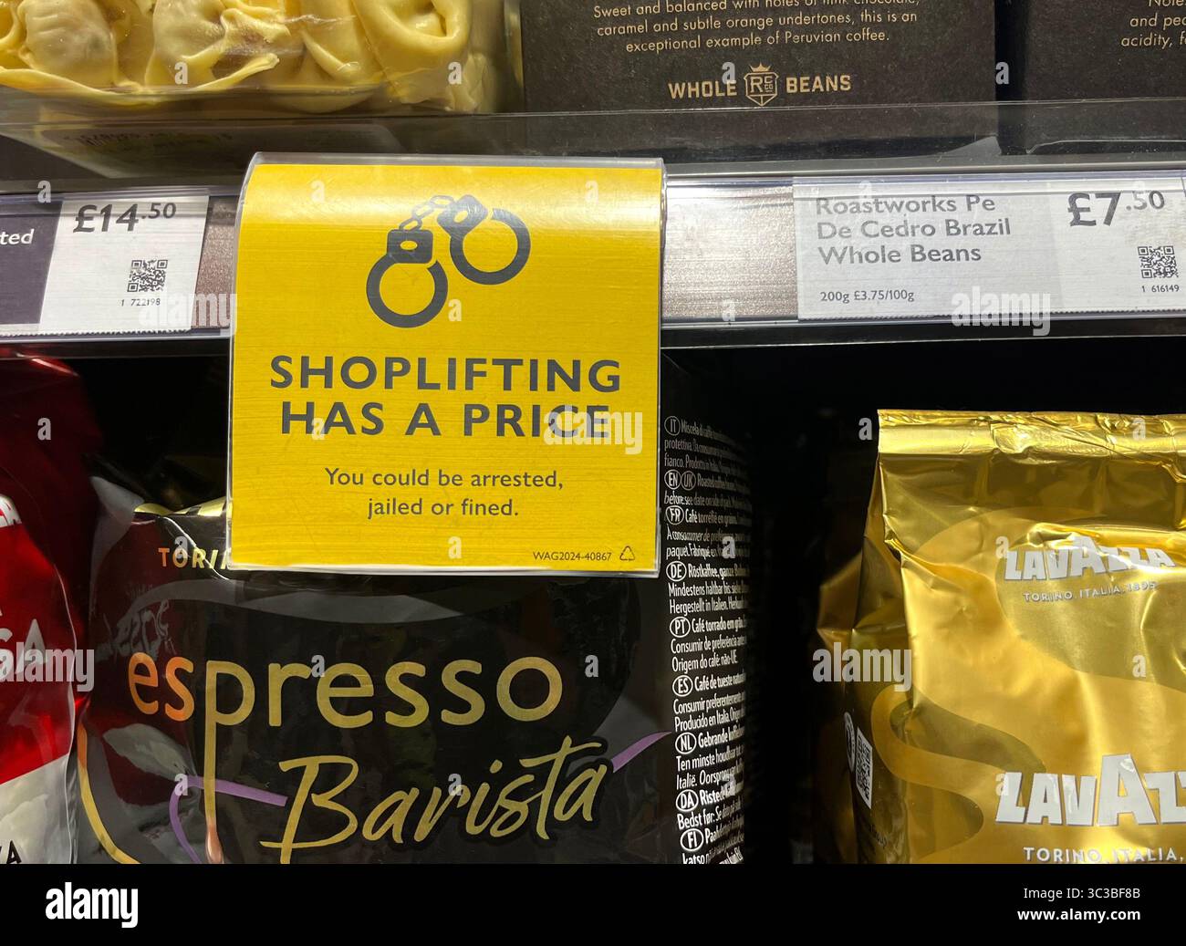 Shoplifting warning signs in a supermarket in Central London W1 Stock Photo