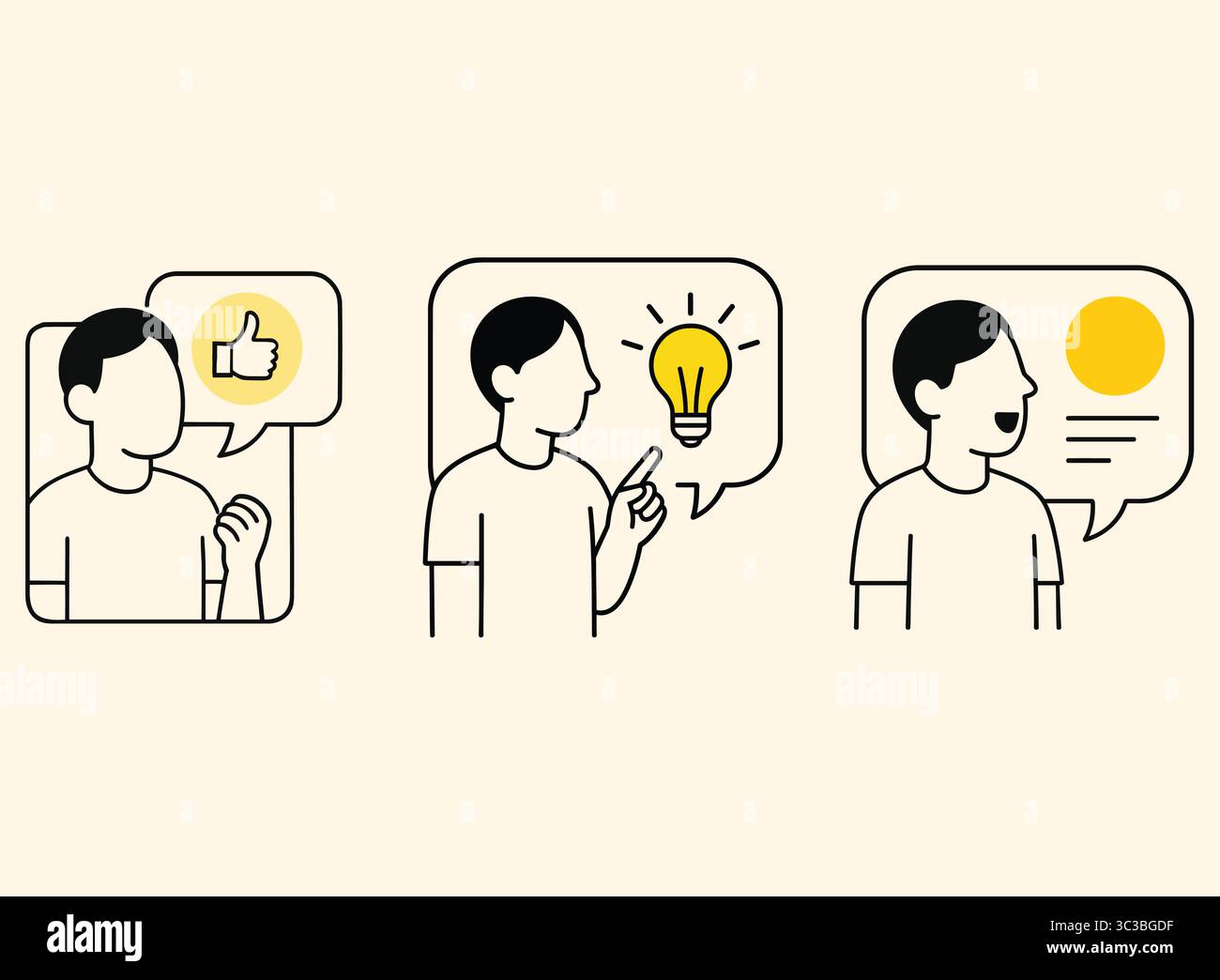 Faceless Character Speech Bubble Icon Set Thumbs Up, Lightbulb Idea & Message Talk UI Stock Vector
