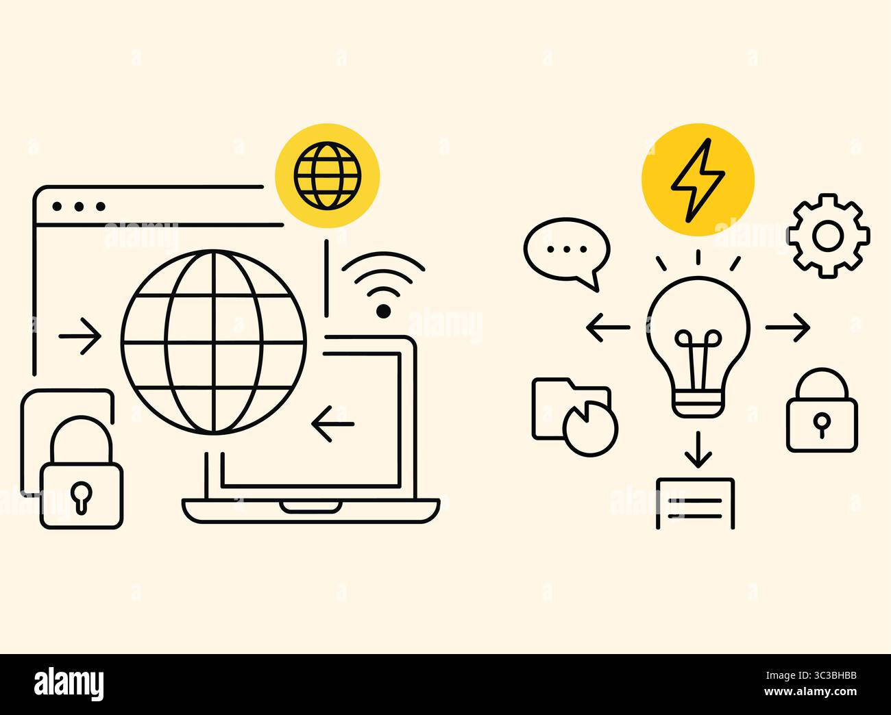 Technology and Innovation Icon Set Global Internet, Idea Lightbulb, Analytics & Cybersecurity Vector Stock Vector