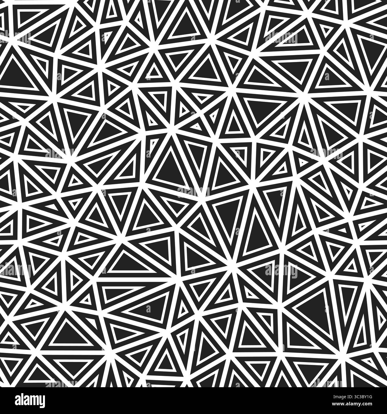 Abstract background with geometric mosaic shapes. Compact triangles size. Solid shapes in frames. Black and white style. Repeatable pattern. Stock Vector