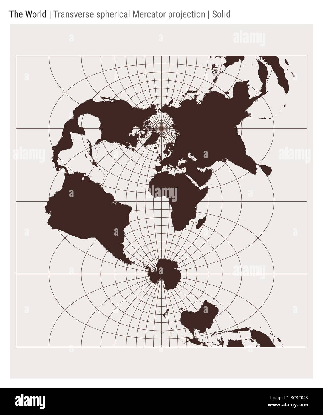 World Map. Transverse spherical Mercator projection. Solid style. High ...